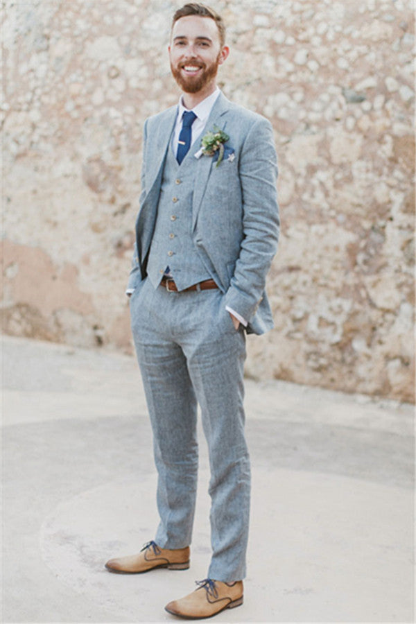 stylesnuggle made this Pricey Summer Blue Linen Beach Wedding Suits, Bespoke Men Casual Male Beach Groom Tuxedo with rush order service. Discover the design of this Blue Solid Notched Lapel Single Breasted mens suits cheap for prom, wedding or formal business occasion.