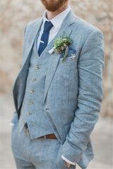 stylesnuggle made this Pricey Summer Blue Linen Beach Wedding Suits, Bespoke Men Casual Male Beach Groom Tuxedo with rush order service. Discover the design of this Blue Solid Notched Lapel Single Breasted mens suits cheap for prom, wedding or formal business occasion.