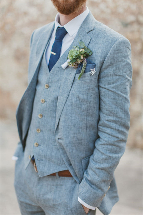 stylesnuggle made this Pricey Summer Blue Linen Beach Wedding Suits, Bespoke Men Casual Male Beach Groom Tuxedo with rush order service. Discover the design of this Blue Solid Notched Lapel Single Breasted mens suits cheap for prom, wedding or formal business occasion.