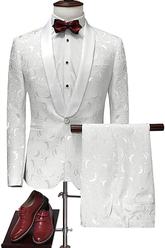 stylesnuggle made this Pricey White Jacquard Suits for Wedding Tuxedos Groom Wear, Shawl Lapel Groomsmen Outfit Man Blazers 3Piece with rush order service. Discover the design of this White Jacquard Shawl Lapel Single Breasted mens suits cheap for prom, wedding or formal business occasion.