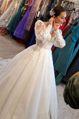 Princess Long V-Neck Long Lace Wedding Dresses Online With Long Sleevess-stylesnuggle