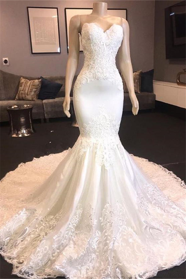 Princess White Sweetheart Mermaid Court Train Wedding Dresses-stylesnuggle