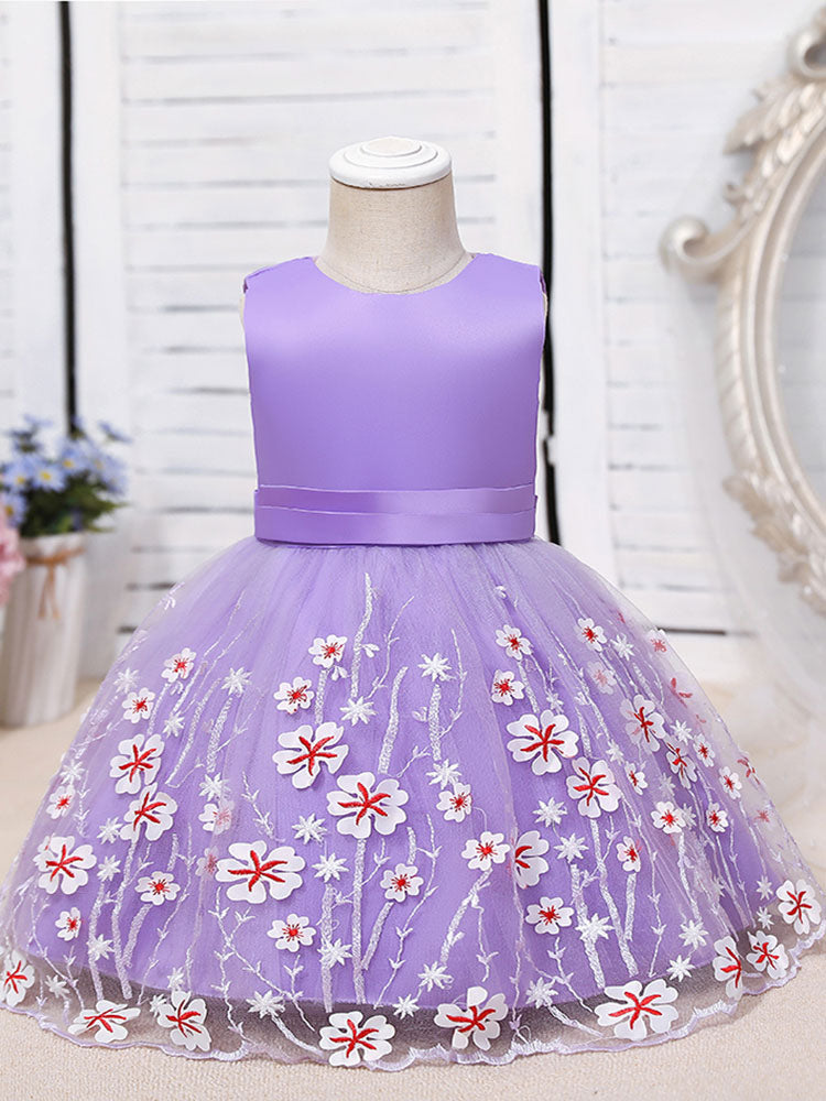 flower girl dresses Purple Jewel Neck Polyester Polyester Cotton Tulle Sleeveless Knee-Length A-Line Embroidered Kids Party Dresses