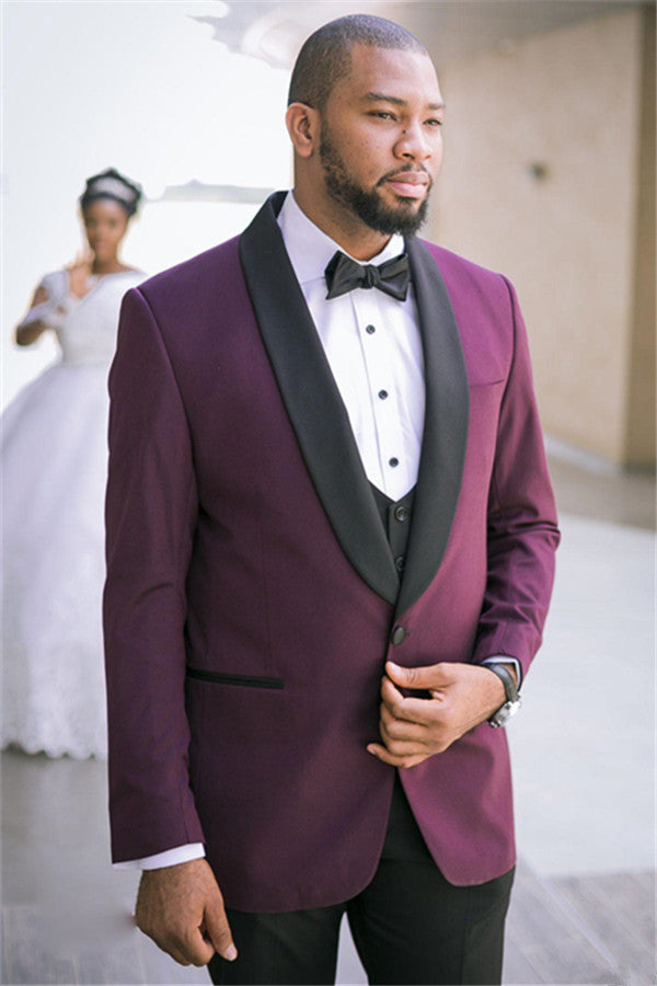 Discover the very best Purple Three-piece Slim Fit Wedding Suits with Black Lapel for work,prom and wedding occasions at stylesnuggle. Made Purple Shawl Lapel Mens Suits with high Quality.