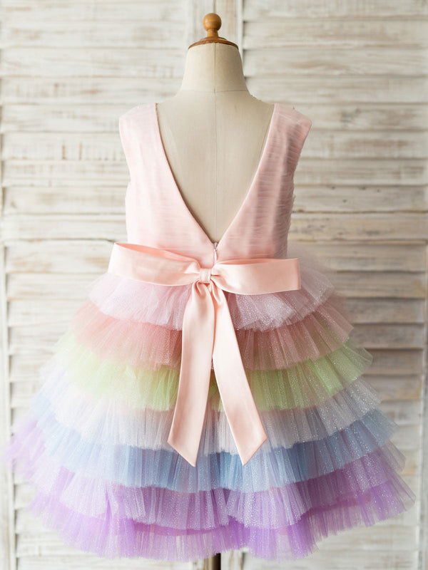 flower girl dresses Rainbow Color Jewel Neck Tulle Sleeveless Knee Length Princess Silhouette Pearls Kids Social Party Dresses