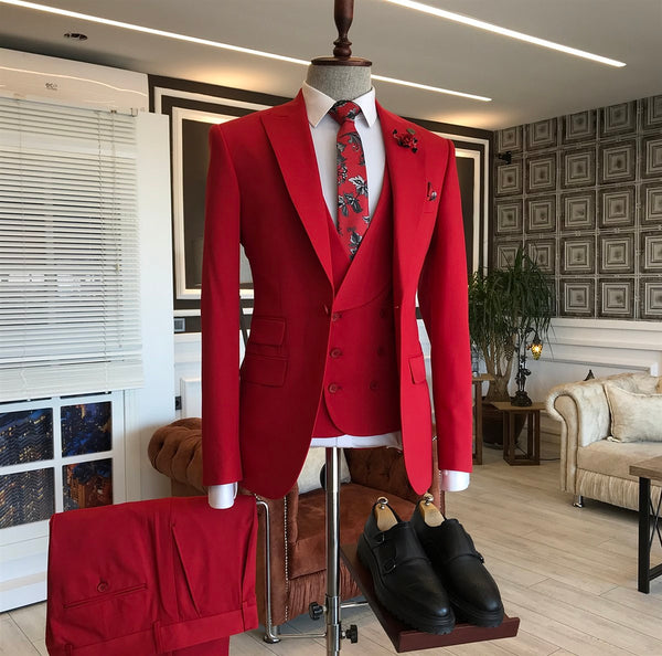 Red Bespoke Three Pieces Peaked Lapel Men's Prom Suits-stylesnuggle