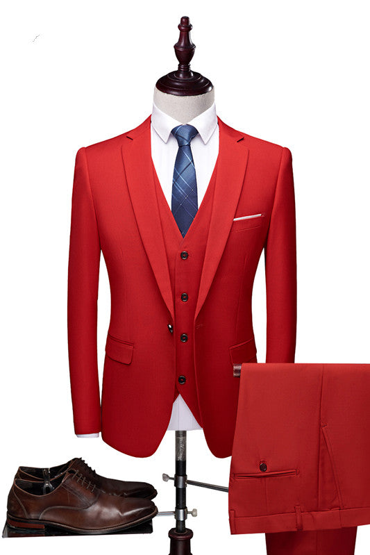 stylesnuggle made this Red Fashion Notched Lapel Tuxedo, Bespoke Three Pieces Men Suits with rush order service. Discover the design of this Red Solid Notched Lapel Single Breasted mens suits cheap for prom, wedding or formal business occasion.