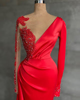 Red Long Sleeve V-Neck Mermaid Prom Dress Online With Beadings-stylesnuggle