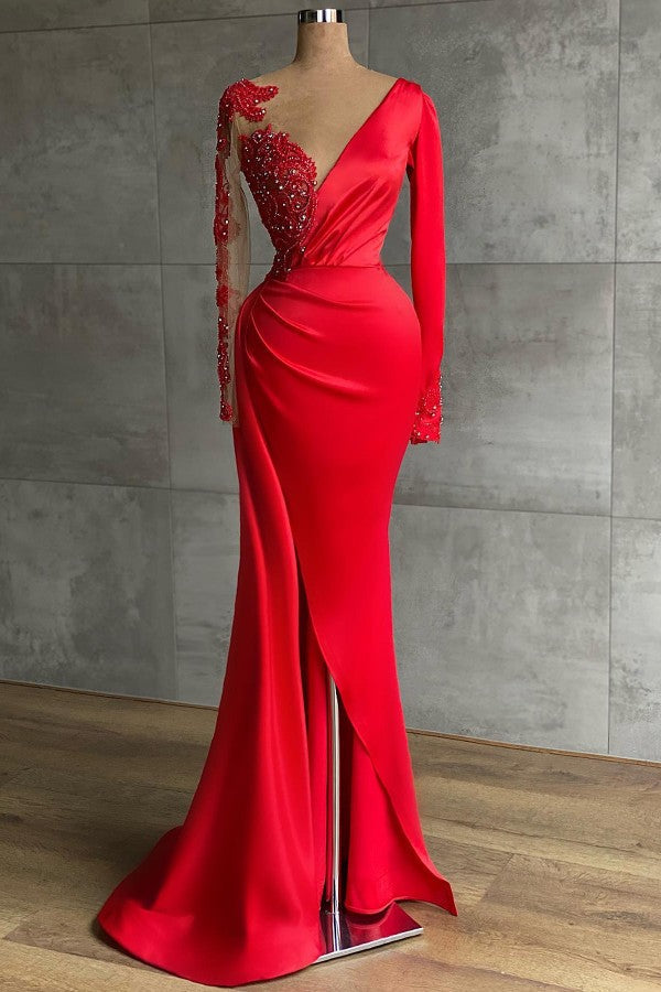 Red Long Sleeve V-Neck Mermaid Prom Dress Online With Beadings-stylesnuggle