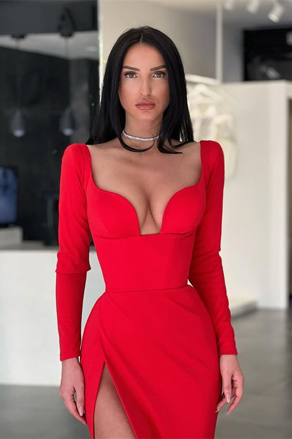 Red Long Sleeves V-Neck Evening Dress Mermaid With Slit On Sale-stylesnuggle