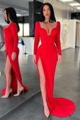 Red Long Sleeves V-Neck Evening Dress Mermaid With Slit On Sale-stylesnuggle