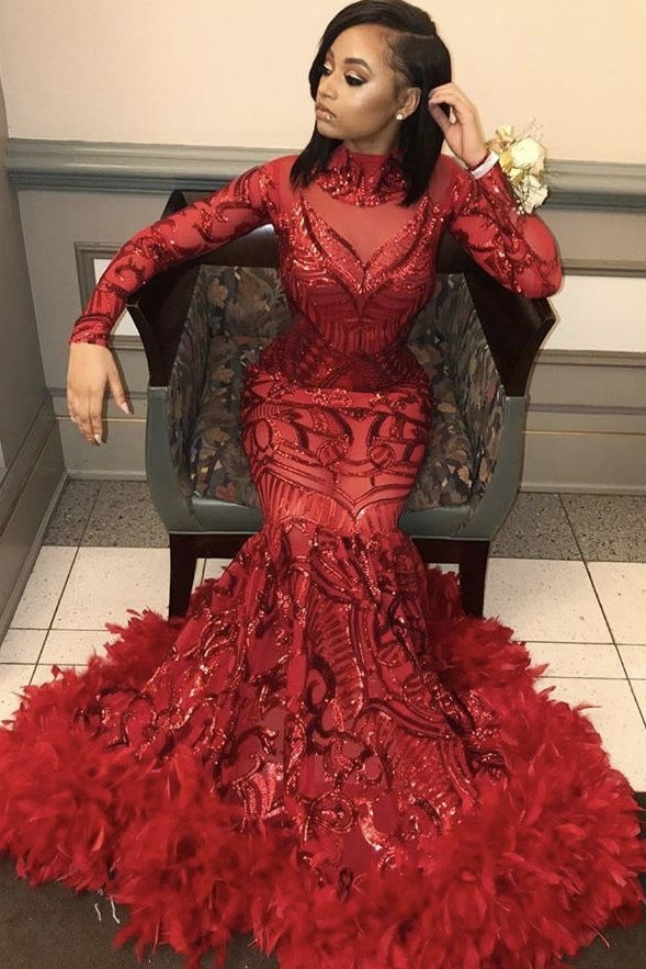 stylesnuggle offers Red Mermaid Sequins Long Sleevess High Neck Prom Dresses at a cheap price from Same as Picture, Gold, Royal Blue, Black,  Sequined to Mermaid hem. Gorgeous yet affordable Long Sleevess Prom Dresses, Evening Dresses.