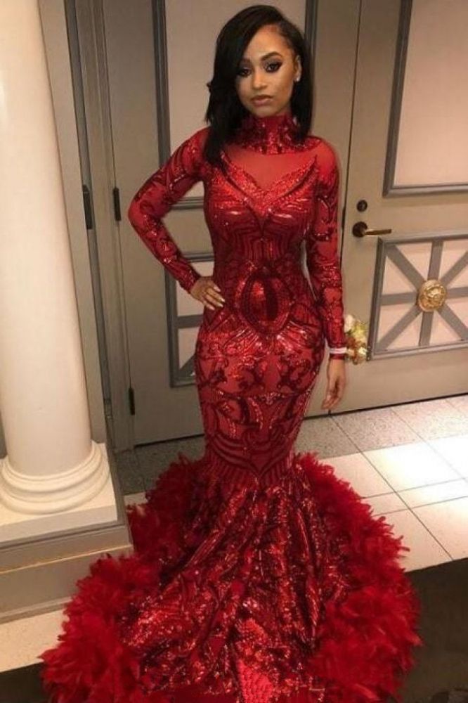 stylesnuggle offers Red Mermaid Sequins Long Sleevess High Neck Prom Dresses at a cheap price from Same as Picture, Gold, Royal Blue, Black,  Sequined to Mermaid hem. Gorgeous yet affordable Long Sleevess Prom Dresses, Evening Dresses.