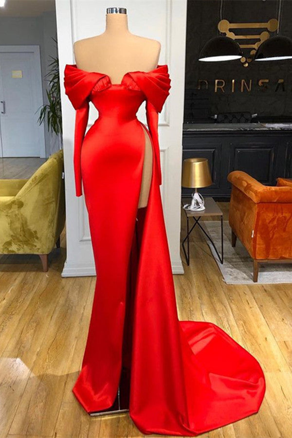 Red Off-the-Shoulder Long Sleeves Prom Dress Mermaid With High Split-stylesnuggle