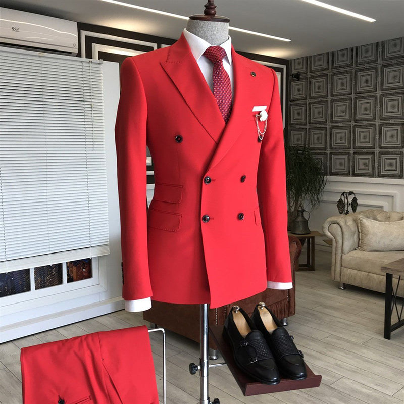 Red Peaked Lapel Double Breasted Bespoke Slim Fit Men's Prom Suits-stylesnuggle