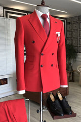 Red Peaked Lapel Double Breasted Bespoke Slim Fit Men's Prom Suits