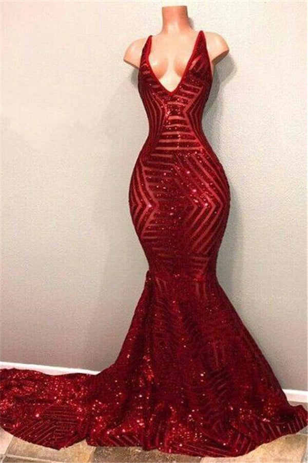 Red Sequins Shiny V-Neck Mermaid Long Prom Dresses-stylesnuggle