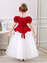 Red flower girl dresses Square Neck Short Sleeves Ankle-Length Princess Tulle Flowers Kids Party Dresses