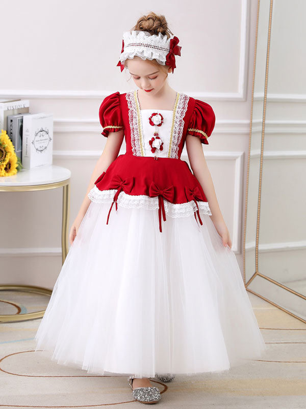 Red flower girl dresses Square Neck Short Sleeves Ankle-Length Princess Tulle Flowers Kids Party Dresses