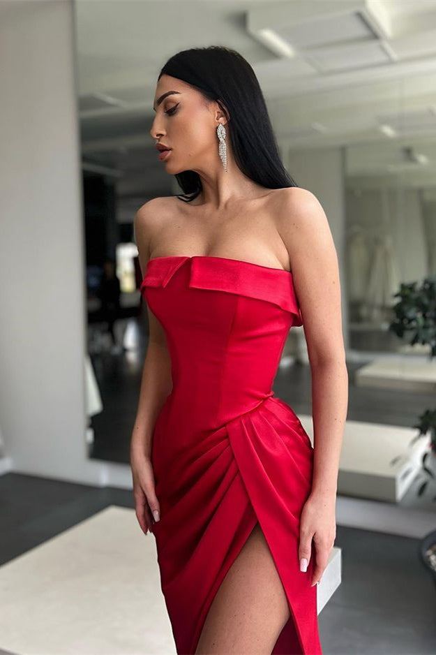 Red Strapless Long Prom Dress Mermaid With Slit-stylesnuggle