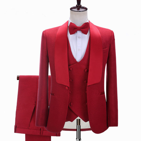 stylesnuggle is your ultimate source for Red Three-piece Shawl Lapel Slim Fit Wedding Suits. Our Red Shawl Lapel wedding groomsmen suits come in Bespoke styles &amp; colors with high quality and free shipping.