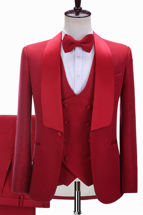 stylesnuggle is your ultimate source for Red Three-piece Shawl Lapel Slim Fit Wedding Suits. Our Red Shawl Lapel wedding groomsmen suits come in Bespoke styles &amp; colors with high quality and free shipping.