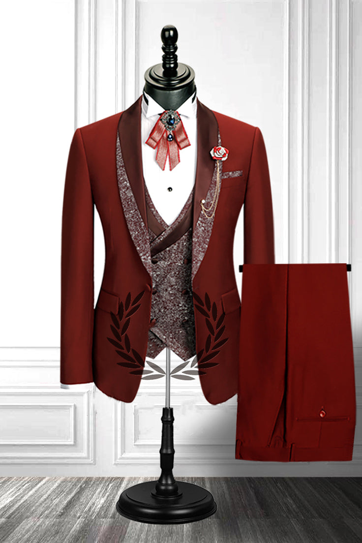 This Red Three-piece Stitching Lapel Custom design Double Breasted Waistcoat Men Formal Suit at stylesnuggle comes in all sizes for prom, wedding and business. Shop an amazing selection of Shawl Lapel Single Breasted Burgundy mens suits in cheap price.