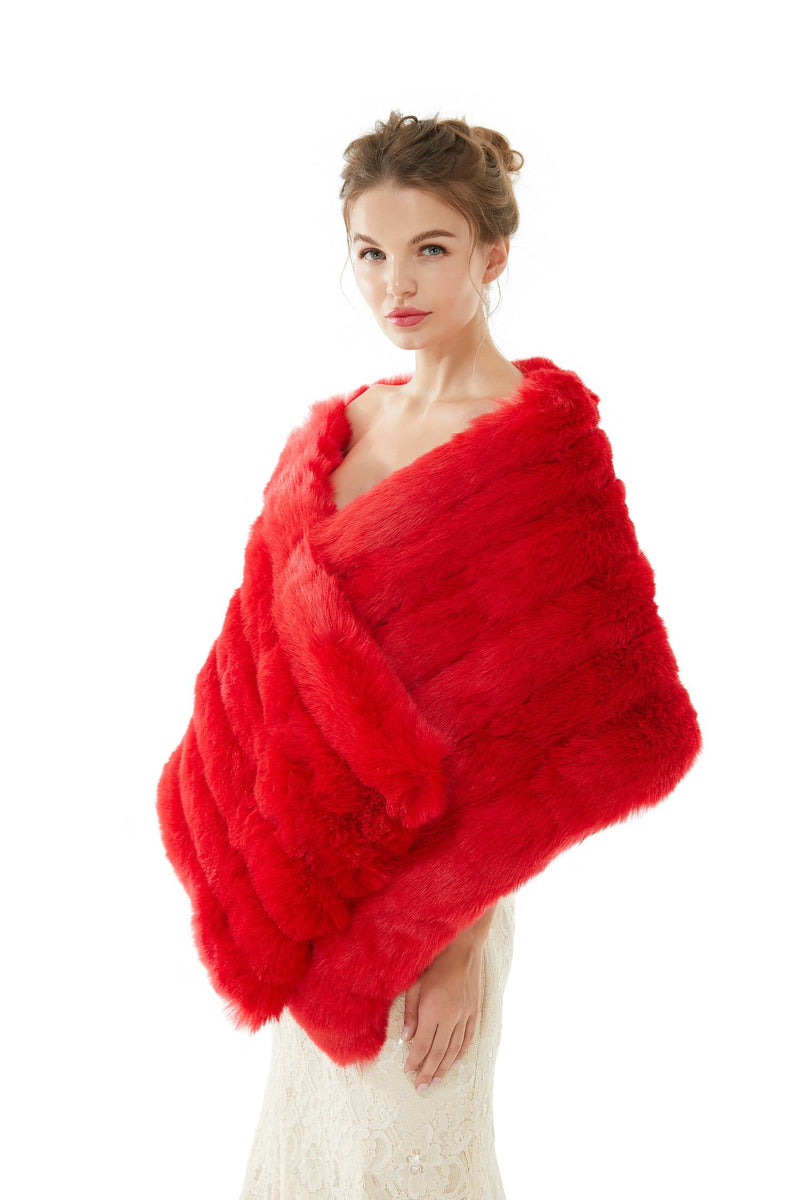 Red Wedding Shawl Faux Fur Stole Fluffy Bridal Wrap Shrug-stylesnuggle