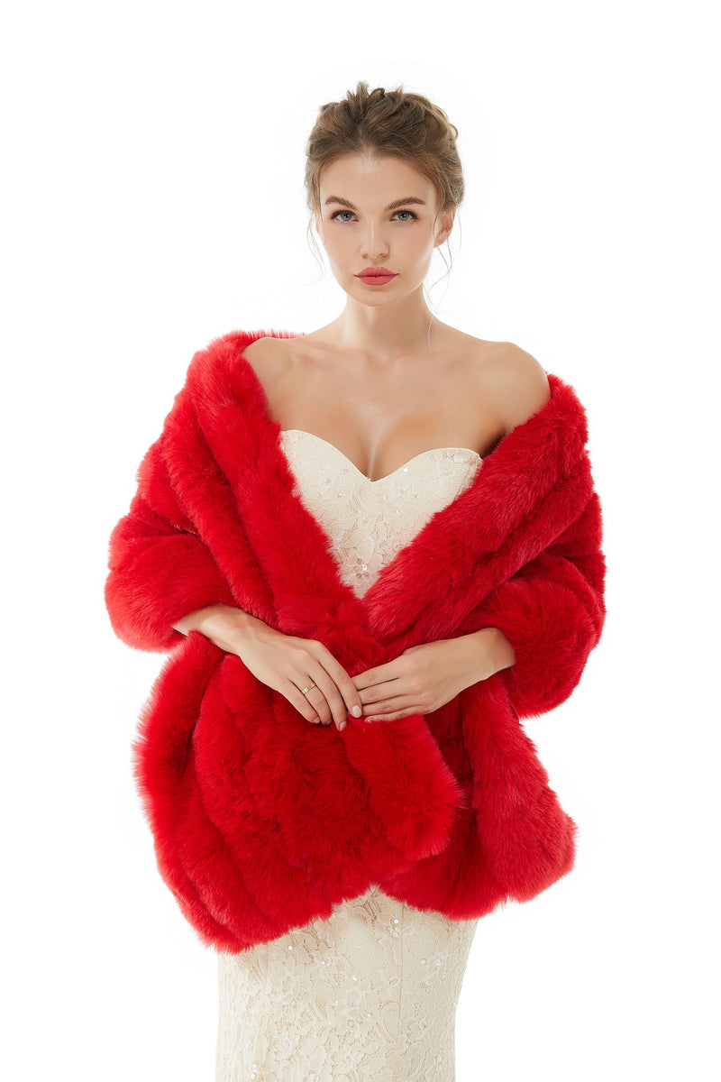 Red Wedding Shawl Faux Fur Stole Fluffy Bridal Wrap Shrug-stylesnuggle