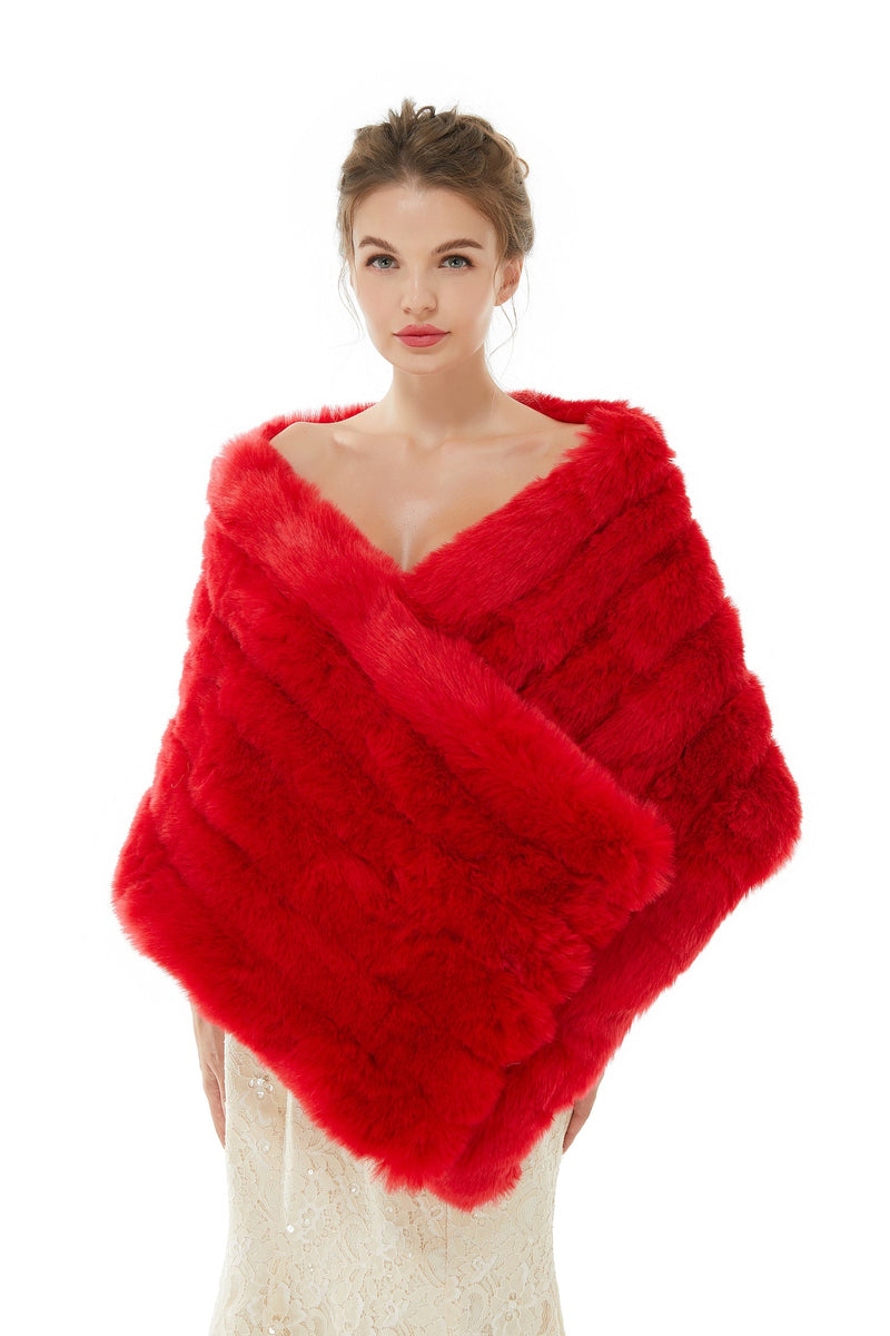 Red Wedding Shawl Faux Fur Stole Fluffy Bridal Wrap Shrug-stylesnuggle