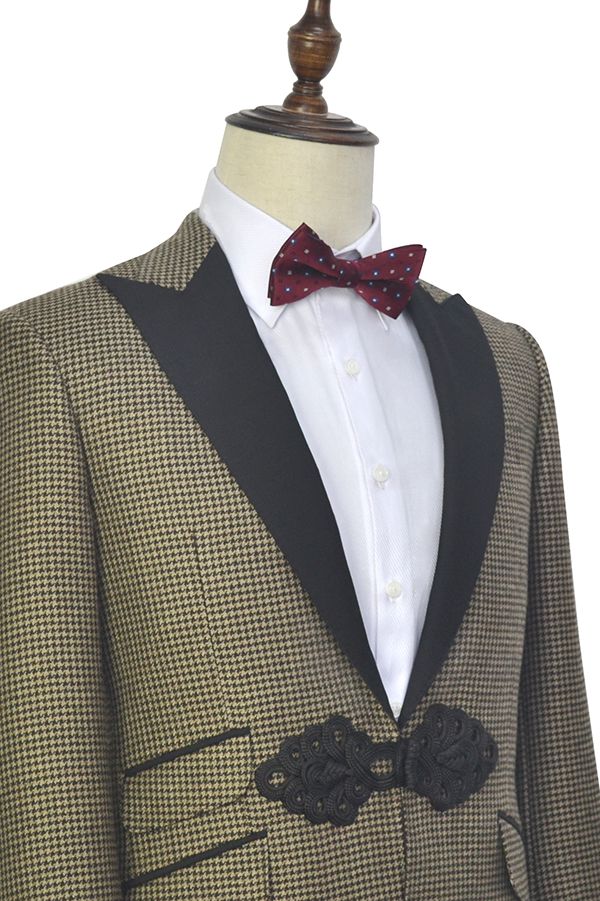 Retro Small Checked Prom Suits Knitted Button Black Peak Lapel Wedding Suits for Men-stylesnuggle