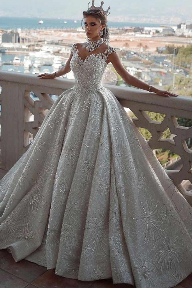 stylesnuggle offers Romantic Sequined Pattern A-line Wedding Dress V-Neck Sleeveless Crystal Gowns at a good price, 1000+ options, fast delivery worldwide.