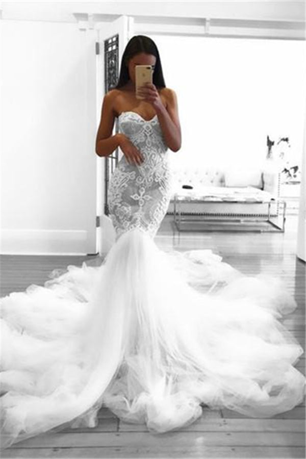 Romantic Sweetheart Lace White Sheer Wedding Dress Mermaid Bridal Gown-stylesnuggle