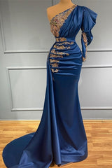 Royal Blue Asymmetric One Shoulder Stretch Satin Evening Prom Dresses with Appliques-stylesnuggle