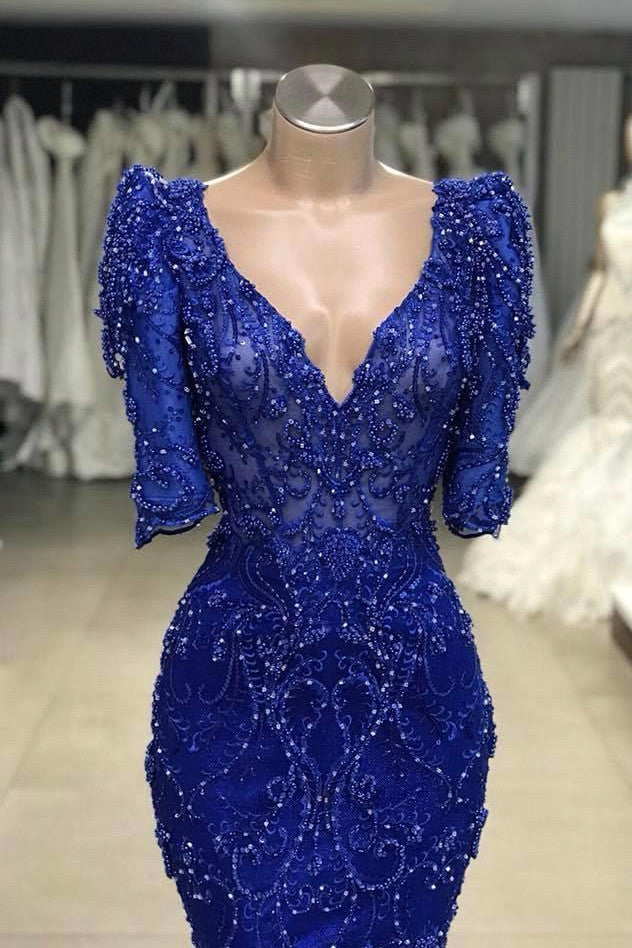 stylesnuggle offers Royal blue Beaded Lace appliques 1/2 sleeve Mermaid Prom Party Gowns at a cheap price from Lace to Column Floor-length hem. Gorgeous yet affordable Half-Sleeves Evening Dresses.