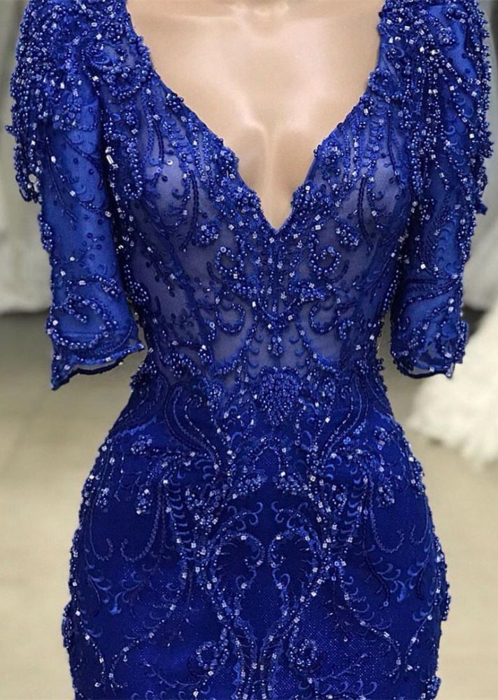 stylesnuggle offers Royal blue Beaded Lace appliques 1/2 sleeve Mermaid Prom Party Gowns at a cheap price from Lace to Column Floor-length hem. Gorgeous yet affordable Half-Sleeves Evening Dresses.