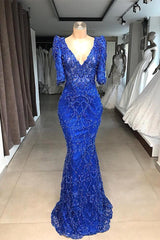 stylesnuggle offers Royal blue Beaded Lace appliques 1/2 sleeve Mermaid Prom Party Gowns at a cheap price from Lace to Column Floor-length hem. Gorgeous yet affordable Half-Sleeves Evening Dresses.