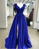 stylesnuggle offers Royal Blue Cap sleeves V-neck High split A-line Evening Dresses On Sale at an affordable price from 100D Chiffon to A-line, Column Floor-length skirts. Shop for gorgeous Long Sleevess Prom Dresses, Evening Dresses, Homecoming Dresses collections for your big day.