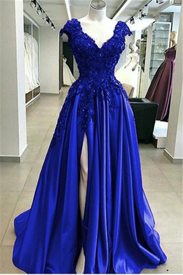 Royal Blue Cap sleeves V-neck High split A-line Evening Dresses-stylesnuggle