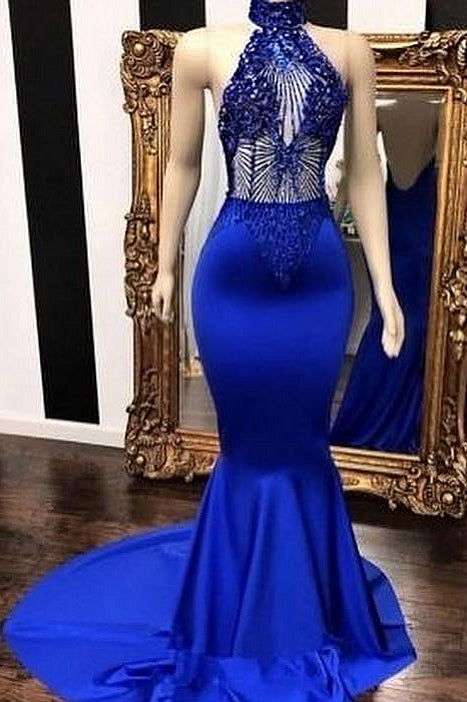 stylesnuggle offers Royal Blue Halter Sleeveless Lace Beading Mermaid Long Prom Dresses at a cheap price from Lace to Mermaid hem. Gorgeous yet affordable Sleeveless Real Model Series.