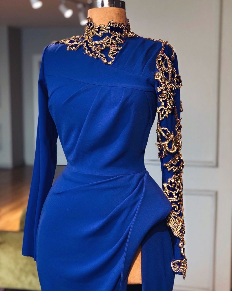 stylesnuggle has a great collection of Real Model Series at an affordable price. Welcome to buy Royal Blue High Neck Side Slit Mermaid Prom Dresses Elegant Long Sleevess Appliques Evening Gowns.