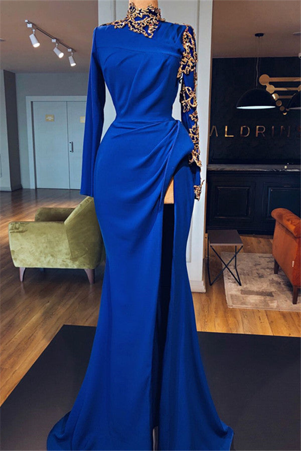 stylesnuggle has a great collection of Real Model Series at an affordable price. Welcome to buy Royal Blue High Neck Side Slit Mermaid Prom Dresses Elegant Long Sleevess Appliques Evening Gowns.