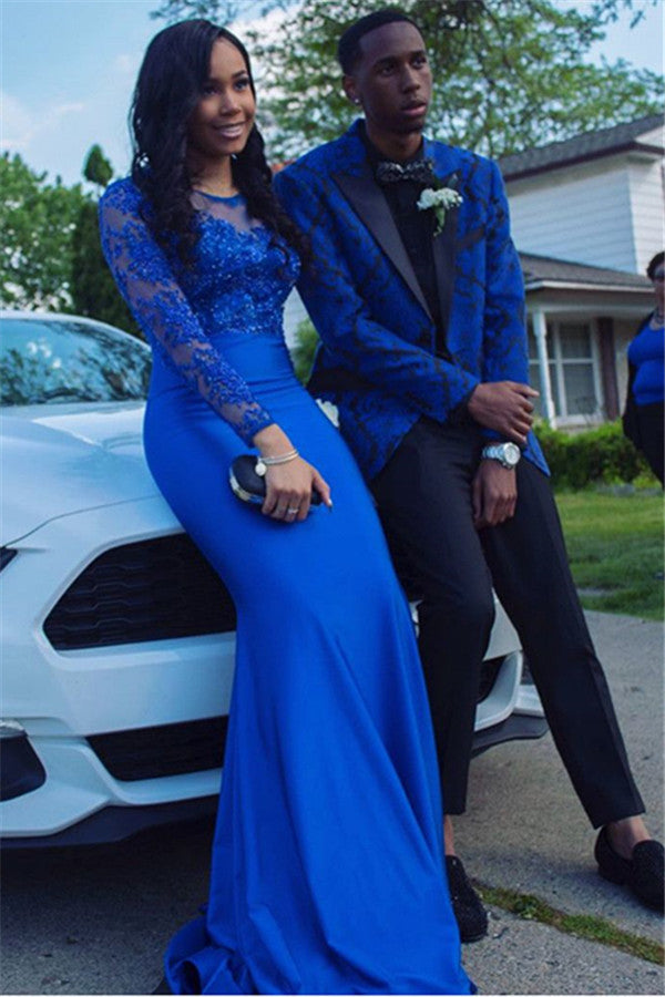 Royal Blue Jacquard Designer Boy Prom Suits with Black Lapel