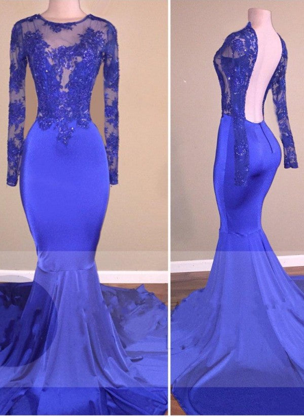 Customizing this New Arrival Royal-Blue Long-Sleeves Open-Back Mermaid Charming Sheer Prom Dresses on stylesnuggle. We offer extra coupons,  make in cheap and affordable price. We provide worldwide shipping and will make the dress perfect for everyone.