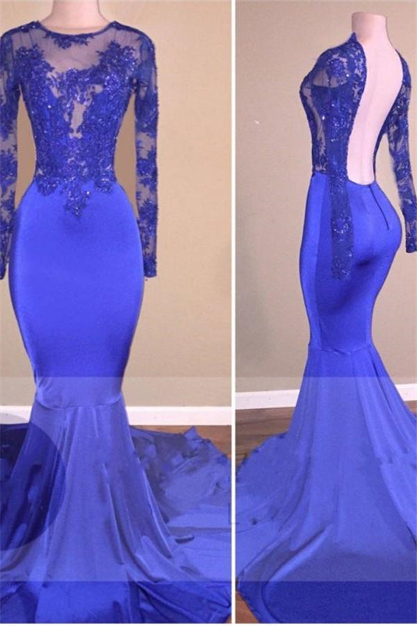 Royal-Blue Long-Sleeves Open-Back Mermaid Charming Sheer Prom Dresses-stylesnuggle