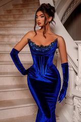 Royal Blue Long Velvet Beading Sleeveless Mermaid Prom Dresses-stylesnuggle