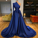 Royal Blue One Shoulder Long Sleeves Slit Prom Dress Overskirt-stylesnuggle