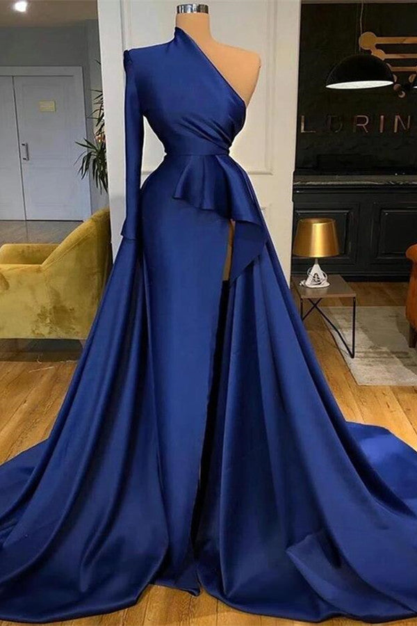 Royal Blue One Shoulder Long Sleeves Slit Prom Dress Overskirt-stylesnuggle