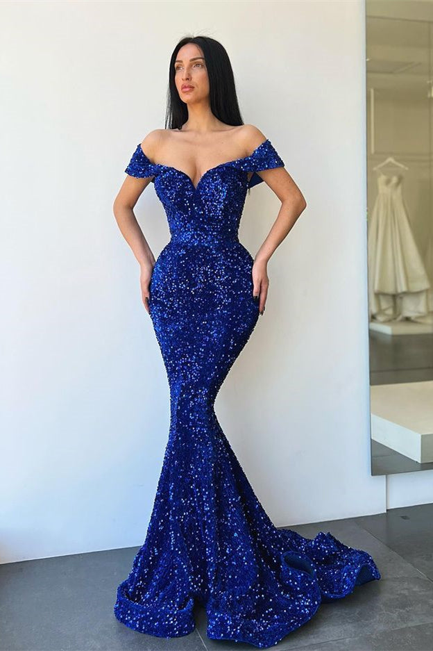 Royal Blue Sequins Mermaid Evening Dress Long Off-ther-Shoulder-stylesnuggle