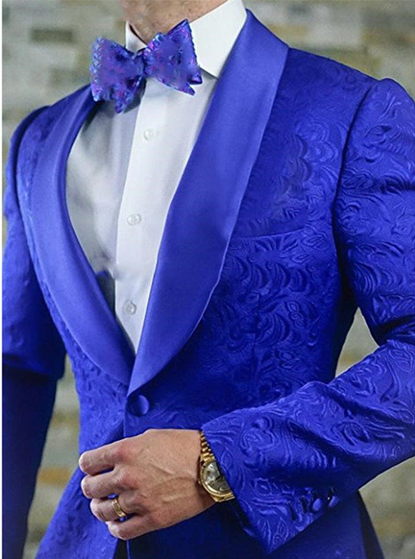 stylesnuggle made this Royal Blue Shawl Lapel GroomsMen Marriage Tuxedos, Jacquard Men Suits Prom Best Man Blazer Two-pieces with rush order service. Discover the design of this Royal Blue Jacquard Shawl Lapel Single Breasted mens suits cheap for prom, wedding or formal business occasion.